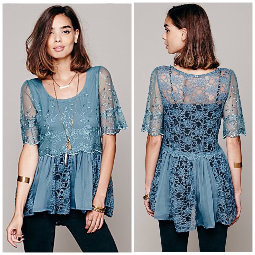 Free People FP X Viola Embroidered Lace Blouse Top